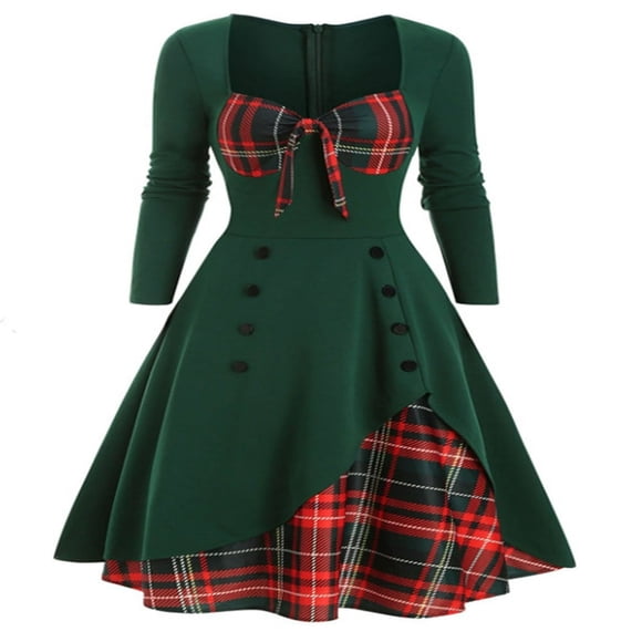 Women‘s Midi Dress with Plaid Patchwork and Sweetheart Neckline