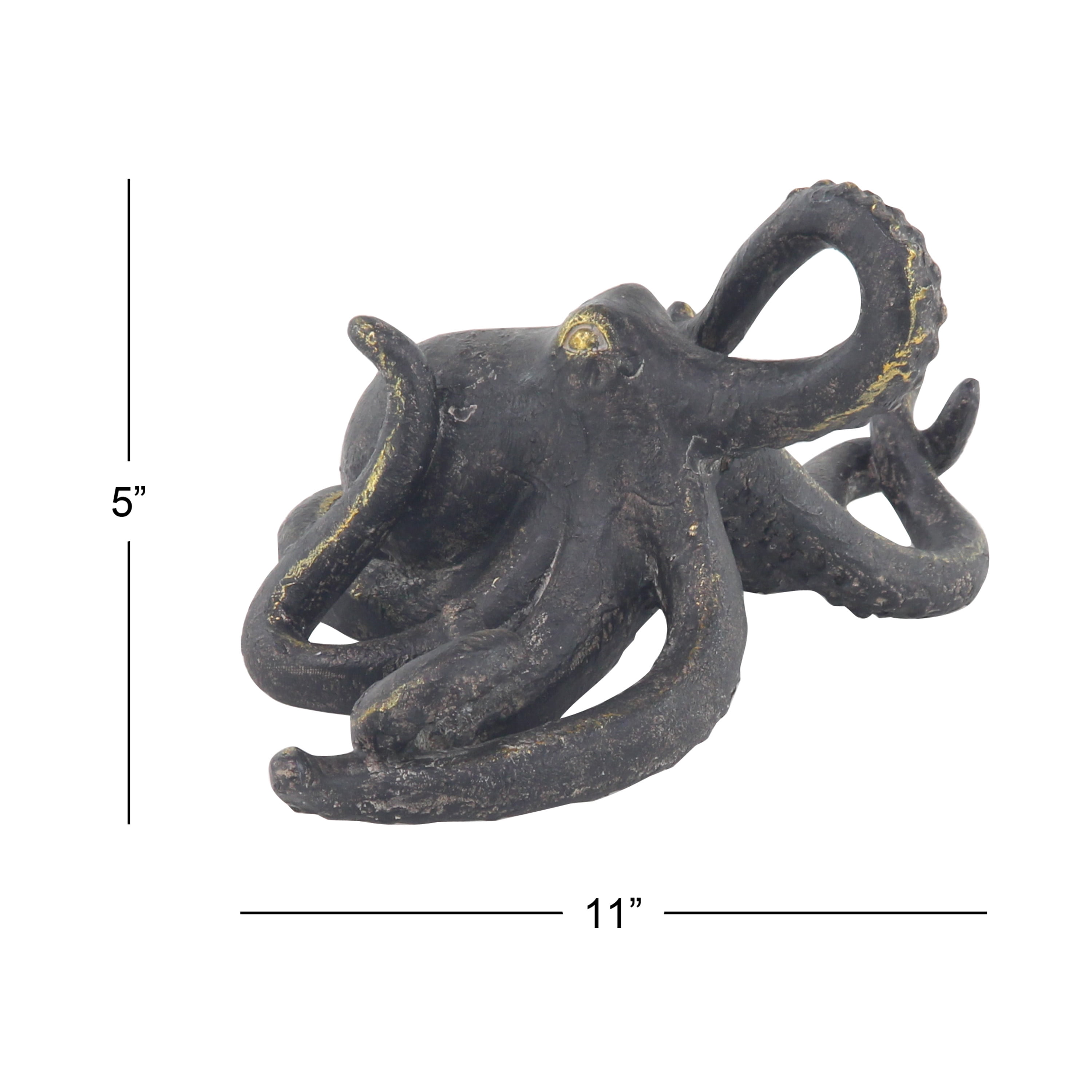 11" x 5" Black Polystone Octopus Sculpture with Long Tentacles and Suctions Detailing, by DecMode