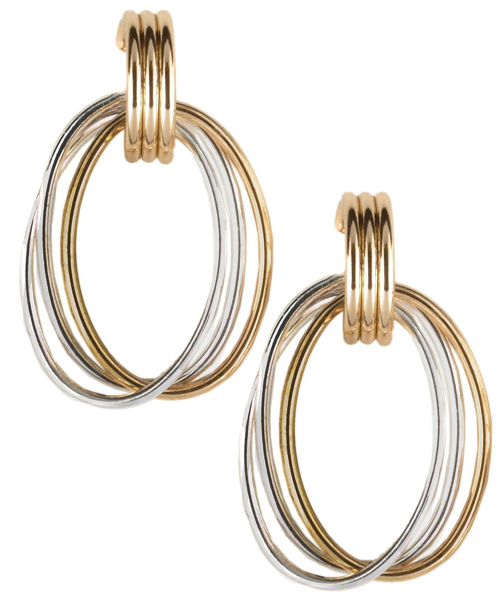 Gold Tone Double Hoop Drop Earrings with Navy and Off-White Enamel 1980s