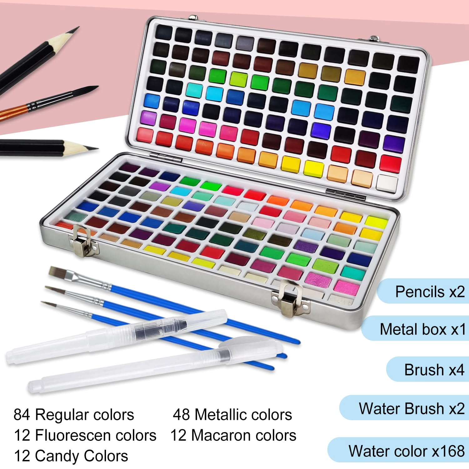 Watercolor Paint Set, 168 High Pigment Watercolor Painting Palettes with with metallic colors,fluorescen colors,macaron colors, for Artists,Painting Art Supplies for Adults