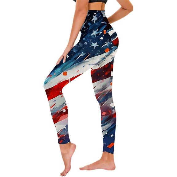 FYEGRE Patriotic Independence Day High Waist Compression Leggings for Women USA Flag Patterned Yoga Running Fitness Tights Red M