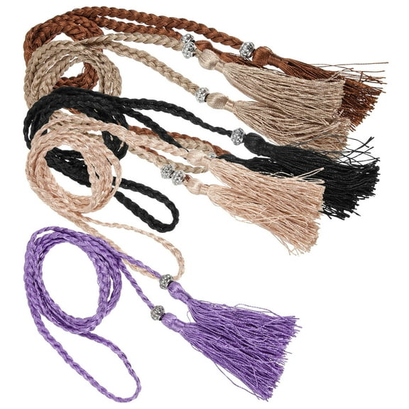 PAMINGONO 5Pcs Beige Woven Belts Tassel Adjustable Skirt Size For Women 163x0.6in