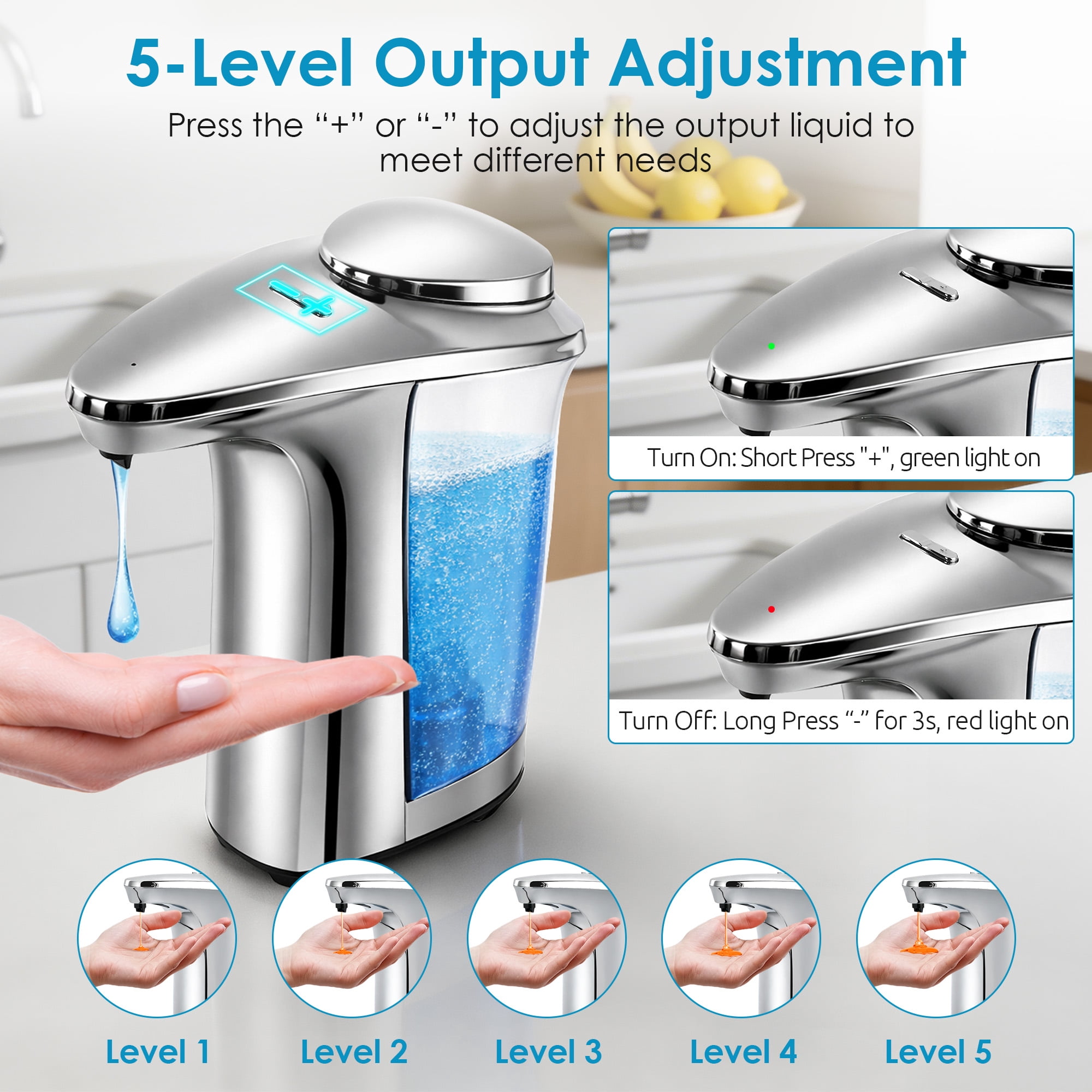 WANALIT Automatic Soap Dispenser Touchless, 17oz/500ml Dish Soap Dispenser with Infrared Sensor, 5 Adjustable Foam Levels, for Kitchen Bathroom Sink Countertop, Silver