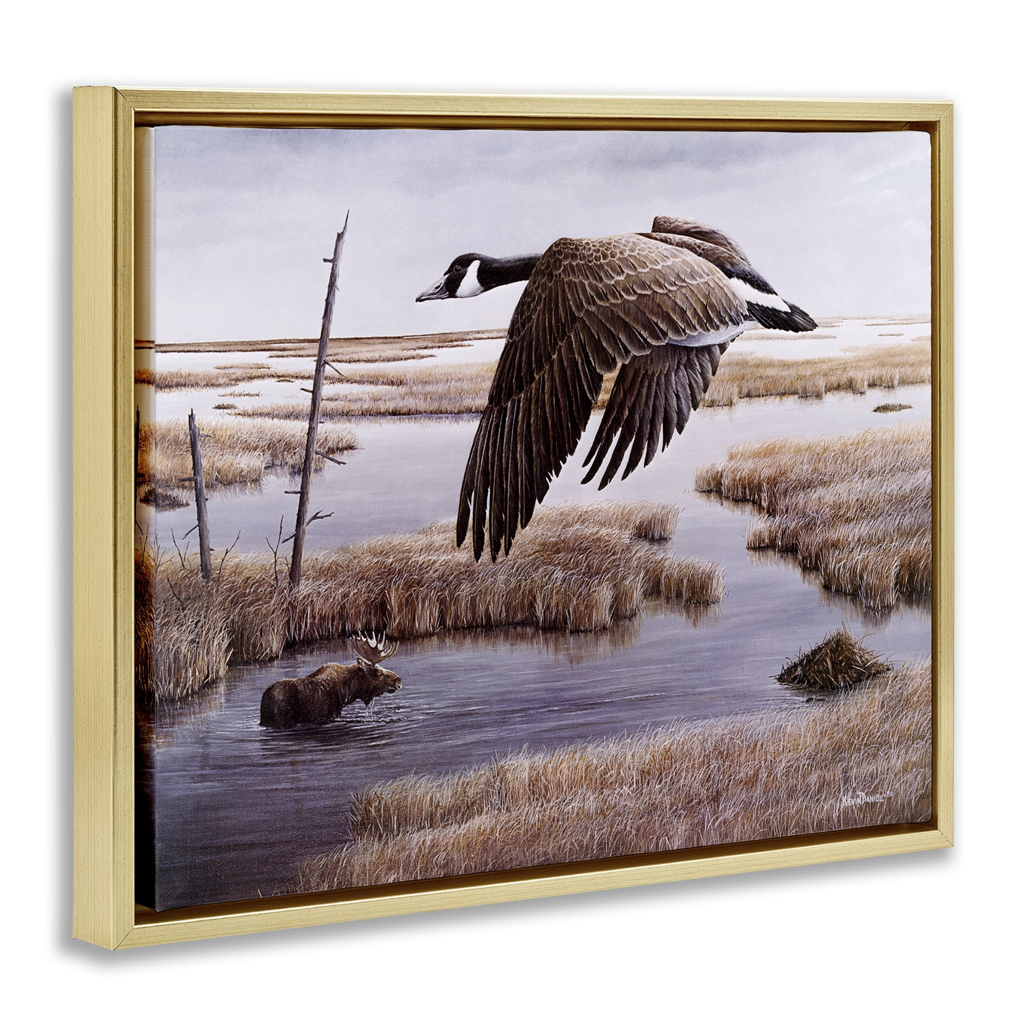 Stupell Industries Goose Over Creek Animals Painting Gold Floater Framed Canvas Art Print Wall Art, 21 x 17