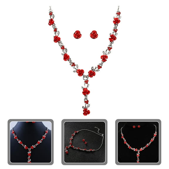 FENGGUIQU Rose Earrings for Women Red Alloy 1 Set Necklace and Earrings