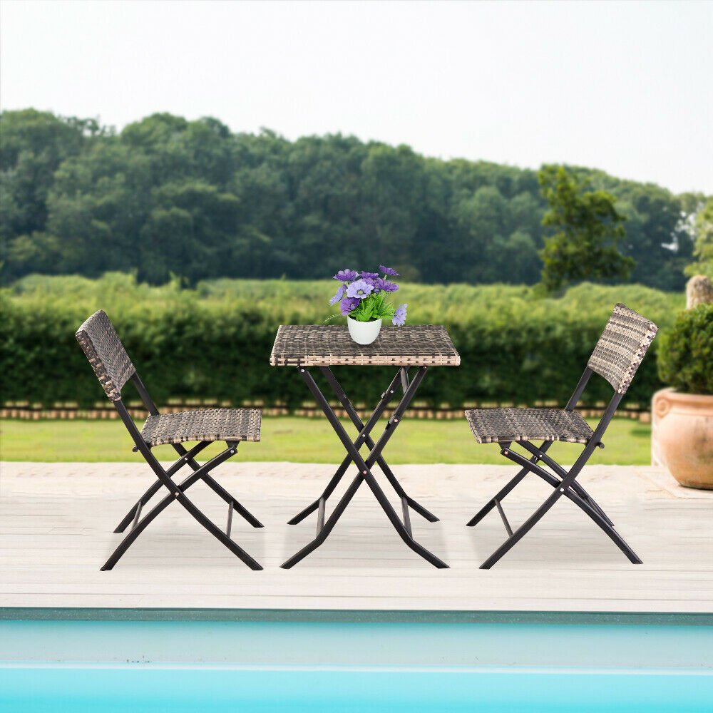 Patio Furniture Outdoors 3 Pieces Wicker Folding Bistro Set, Balcony