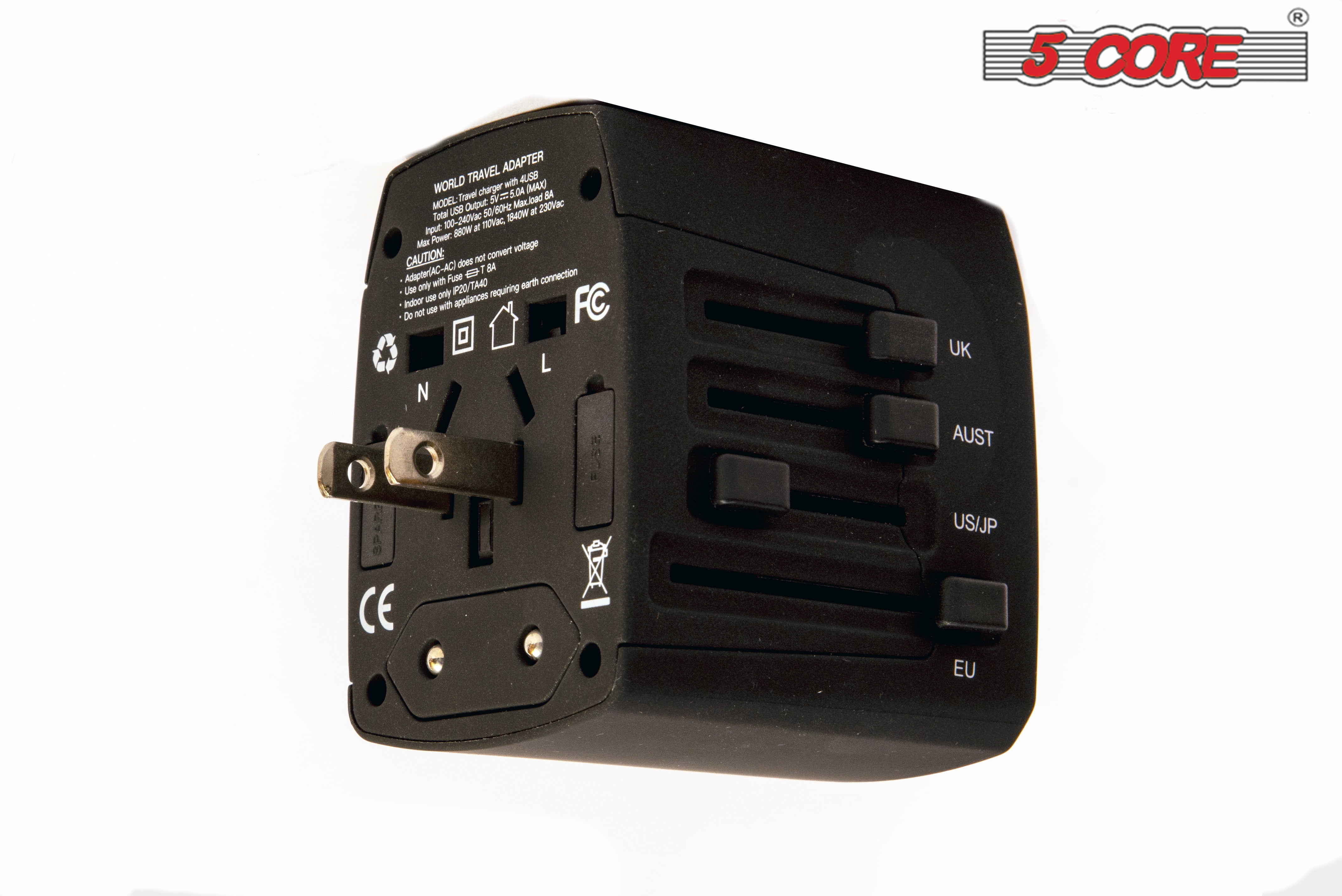 5 Core Multi Port 4 USB Phone Charger Universal Adapter 2.1amp Wall Plug Black