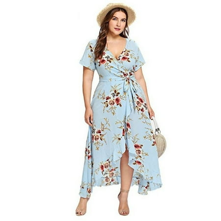 - Dress For Women Plus Size Short Sleeves Wrap V Neck Belted Empire Waist Asymmetrical High Low Bohemian Beach Party Maxi Dress