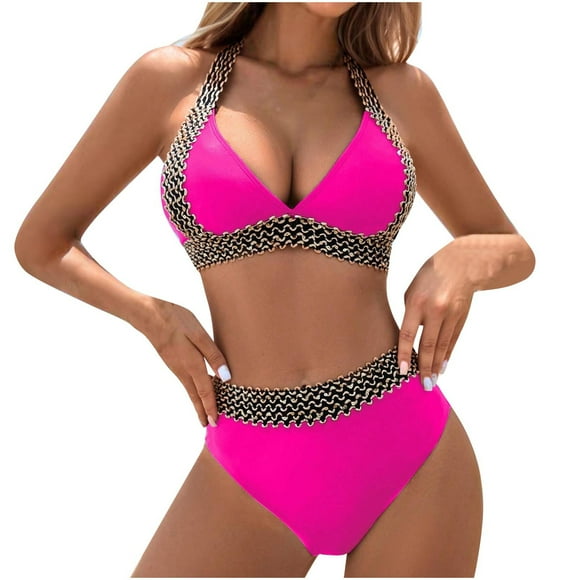HKEJIAOI Striped Tie Back Halter Bikini Hawaiian Triangle High Waisted Bathing Suit Pink 2XL