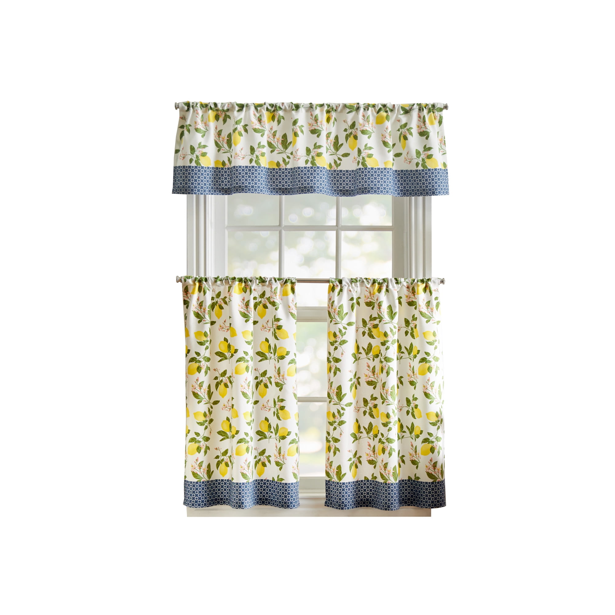 Martha Stewart Lemons 3 Piece Valance & Tier Set, Multicolor, Rod Pocket, Light Filtering, Indoor, Adult, 60" x 14"
