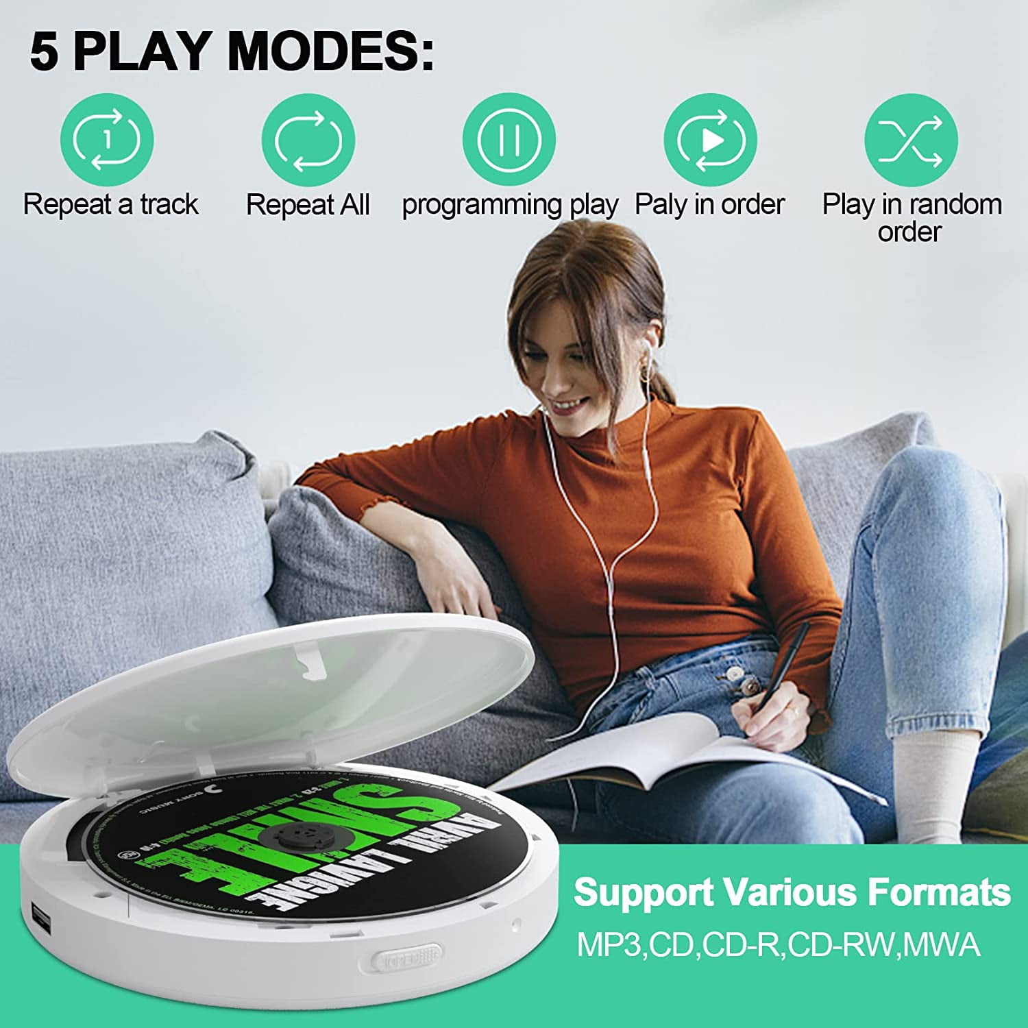 MUSICOZY Portable CD Player with Bluetooth,Fabric anti-Skip CD Player with Headphones & Dual Stereo Speakers,Rechargeable a-b Repeat Player CD Speaker for Home/Travel,Support CD MP3 USB AUX Input