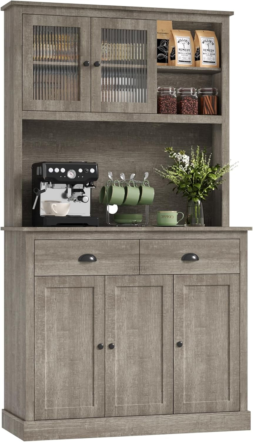 Kitchen Pantry Storage Cabinet, 71" Tall Wood Pantry with Microwave Stand, Modern Kitchen Hutch Cabinet, Coffee Bar Hutch with Wine Rack for Dining Room, Living Room, Grey
