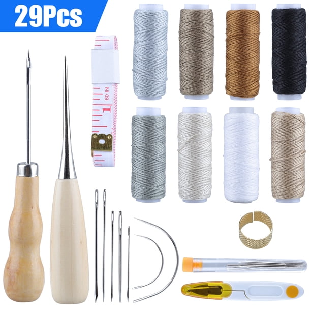 29 piezas de herramientas de artesanía de cuero con 8 colores de costura de cuero hilo encerado agujas de coser a mano punzón y dedal para tapicería de cuero alfombra lienzo costura de bricolaje Adepaton CJWUS-10