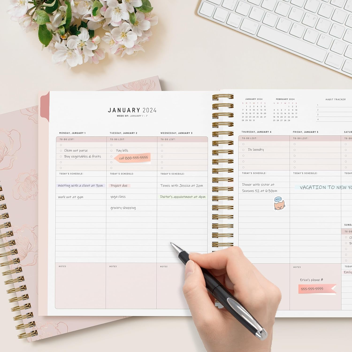Bright Day Calendars チェックリスト ローズゴールド Bright Day Calendars Rose Gold Floral Planner, 2024 Weekly and