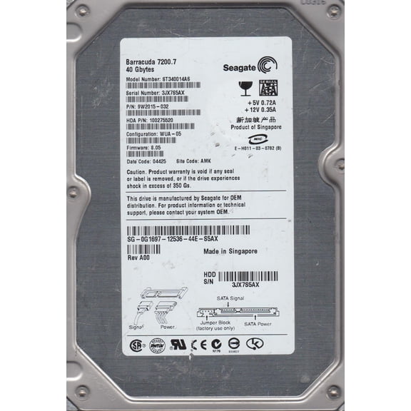 ST340014AS, 3JX, AMK, PN 9W2015-032, FW 8.05, Seagate 40GB SATA 3.5 Hard Drive