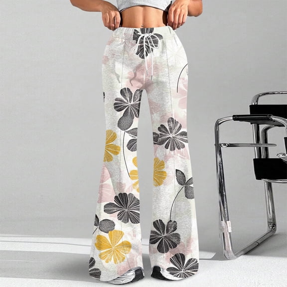 Women's Fashion Loose Drawstring Waist Floral Print Casual Sports Flared Pants, Elastic Joggers Sweatpants, Stylish Yoga Pants for Women,Light Gray,M