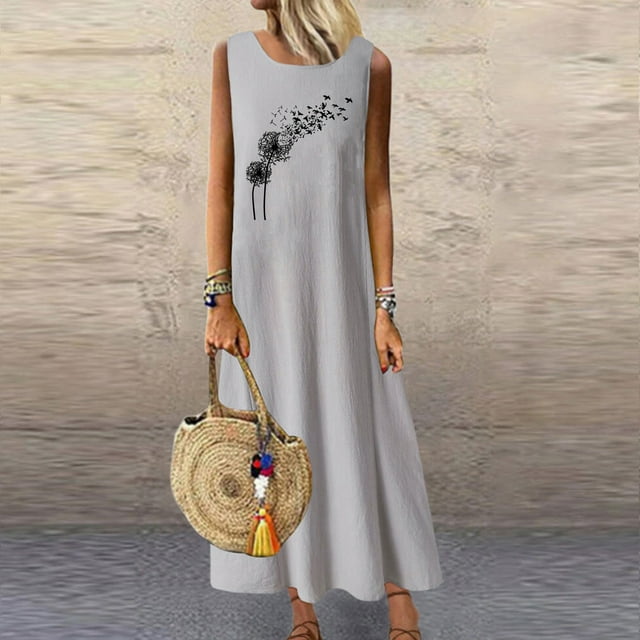 Meichang Robes d'Été Décontractées Sans Manches pour Femmes, Amples, en Coton et Lin, Robes Maxi, Imprimé Pissenlit, Col Rond, Robes Fluides Coupe Ample, Longues Robes Soleil Décontractées, Gris TG