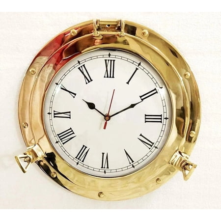 12 Inch Marine Porthole Wall Clock, Shiny Brass