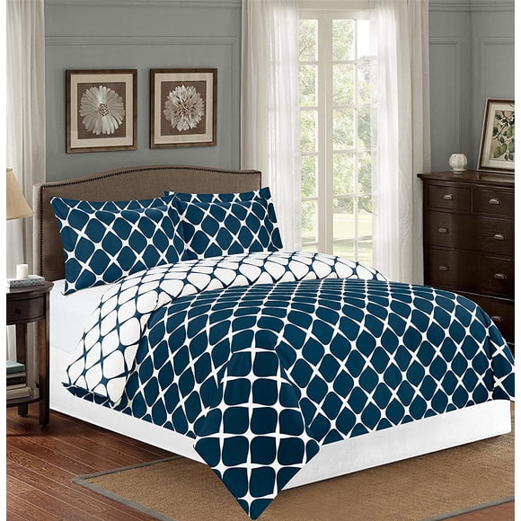 Mocassi 2-Piece Duvet Set, Bloomingdale Design, Comforter Cover with Corner Ties & Button Closure, Twin/Twin XL, Navy Blue