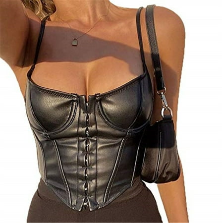 

Kiapeise Women Sexy Fuax Leather Spaghetti Strap PU Overbust Corset Halter Boned Bustiers Crop Top