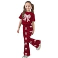thumbnail image 4 of 2 Piece Set for Girls Valentines Heart Print Bow Detail Short Sleeve Top and Wide Leg Pants Cute Outfit for Kids, 4 of 4