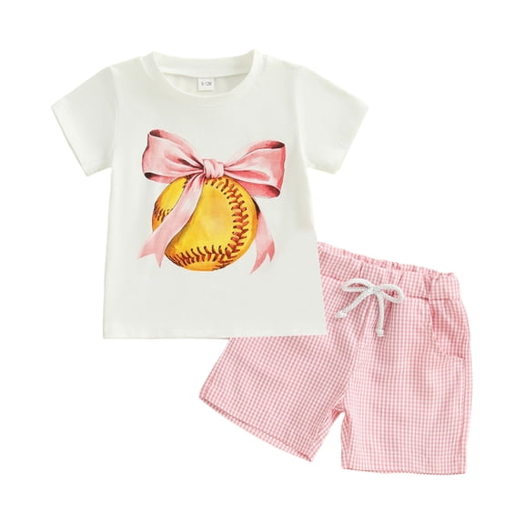 KPOPLK Toddler Baby Girl Summer Outfit Baseball Print Short Sleeve T Shirt and Plaid Shorts 2 Pcs Set 6 Months To 4 Years(White&1,12-18 Months)