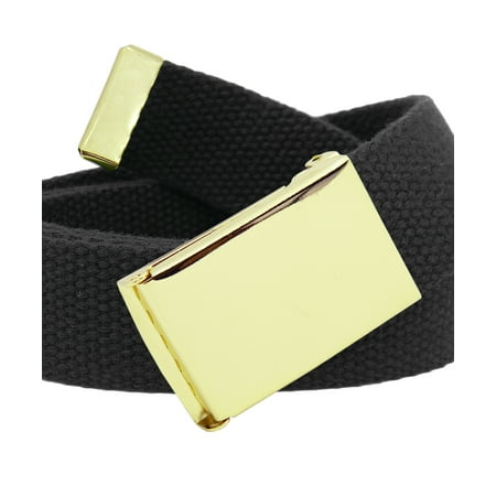 Men's Gold Military Flip Top Belt Buckle with Canvas Web Belt Small