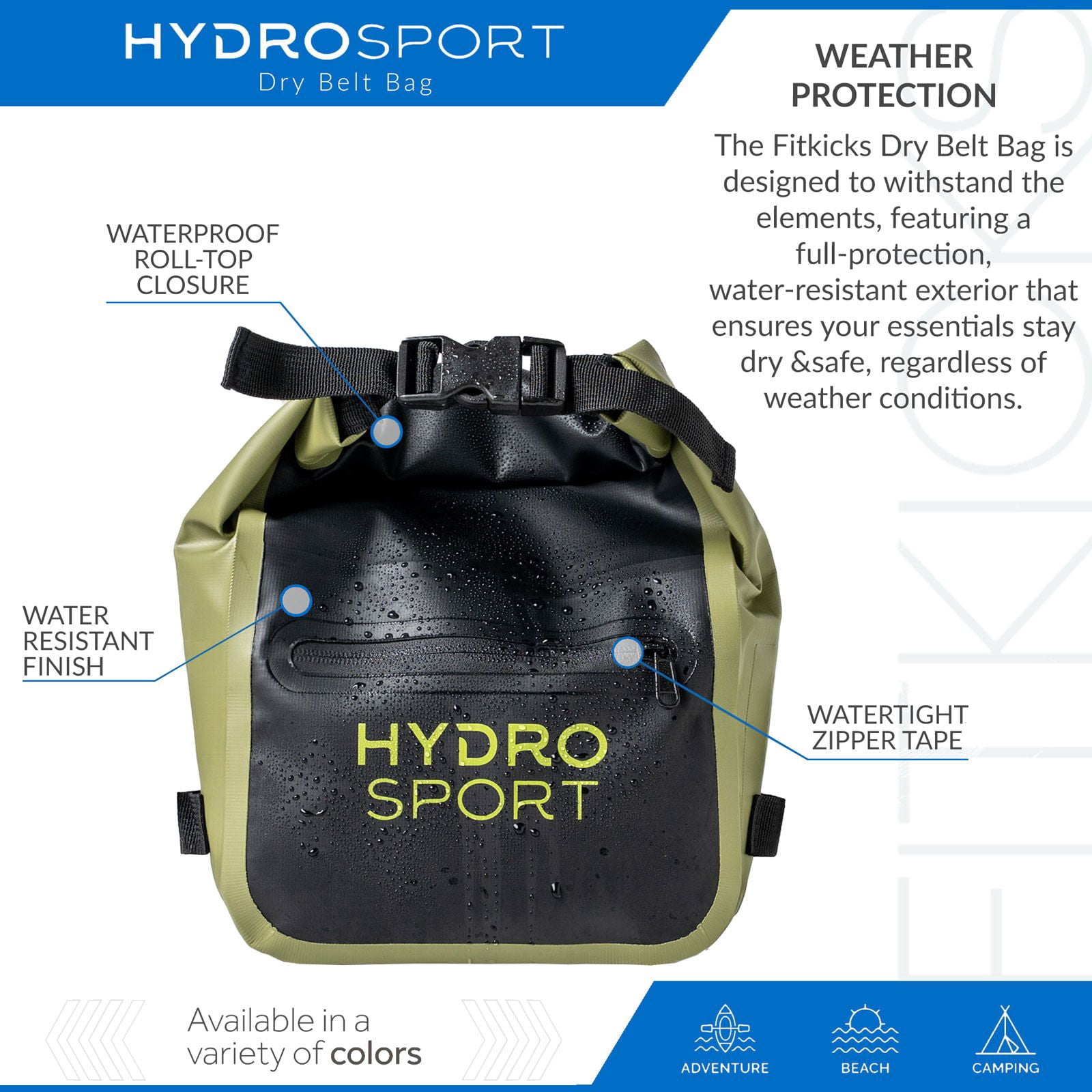 FITKICKS HydroSport Dry Belt Bag Waterproof Waist Pack with Adjustable Strap - Green