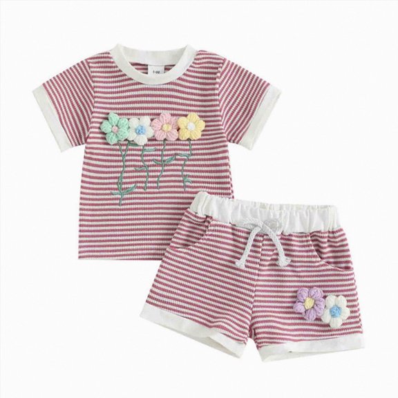 enyan Toddler Baby Girl Summer Waffled Clothes Set 9 12 18 24 Months 2T 3T 4T 3D Flower Short Sleeve Round Neck Tops Elastic Waist Shorts Outfit Little Girls Clothes (Red,5-6 Years)