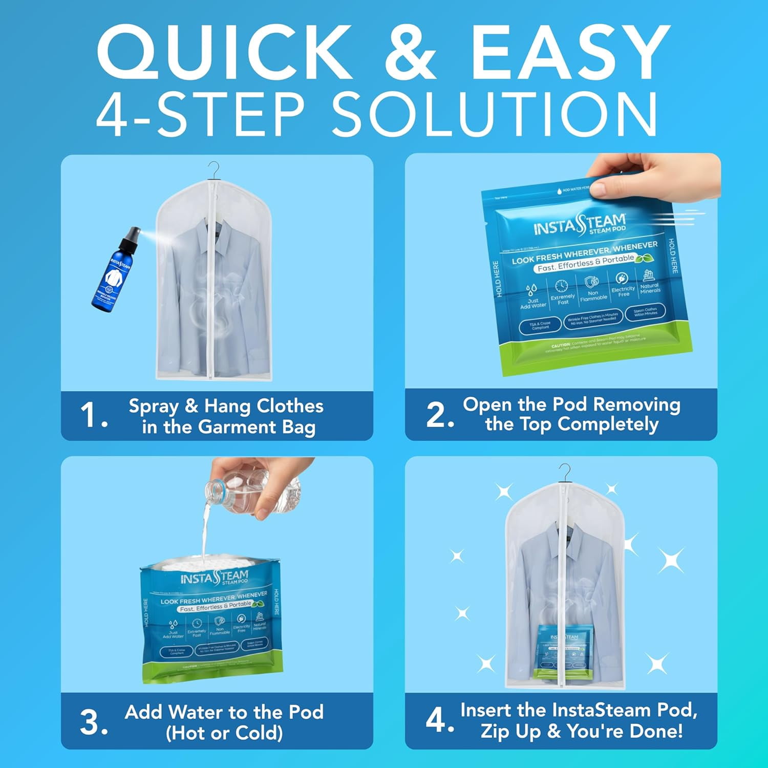 InstaSteam Starter Kit Travel Steamer, Electricity-Free, Wrinkle Release Spray, Cruise Ship Approved, Small Steamer, Disinfect, Deodorize