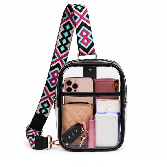 Clear Bag for Stadium Events, Clear Cross body Bag with Adjustable Strap, Small Concert Purse for Game Day Sports Festivals,Black