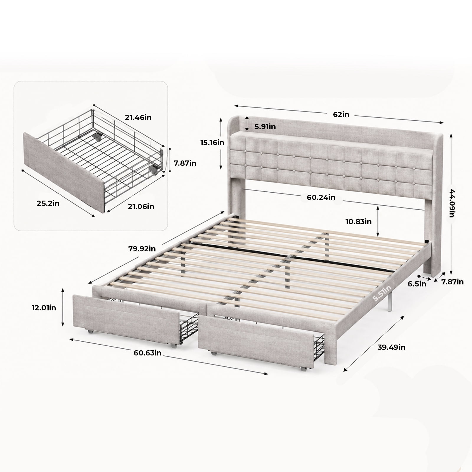 Alvantor Upholstered Bed Frame with 2 Storage Drawers and Fabric Headboard, Full Size, Heavy Duty Metal Platform, Easy Assembly