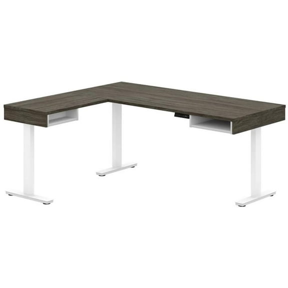 Pemberly Row L Shaped Adjustable Standing Desk in Walnut Gray and White