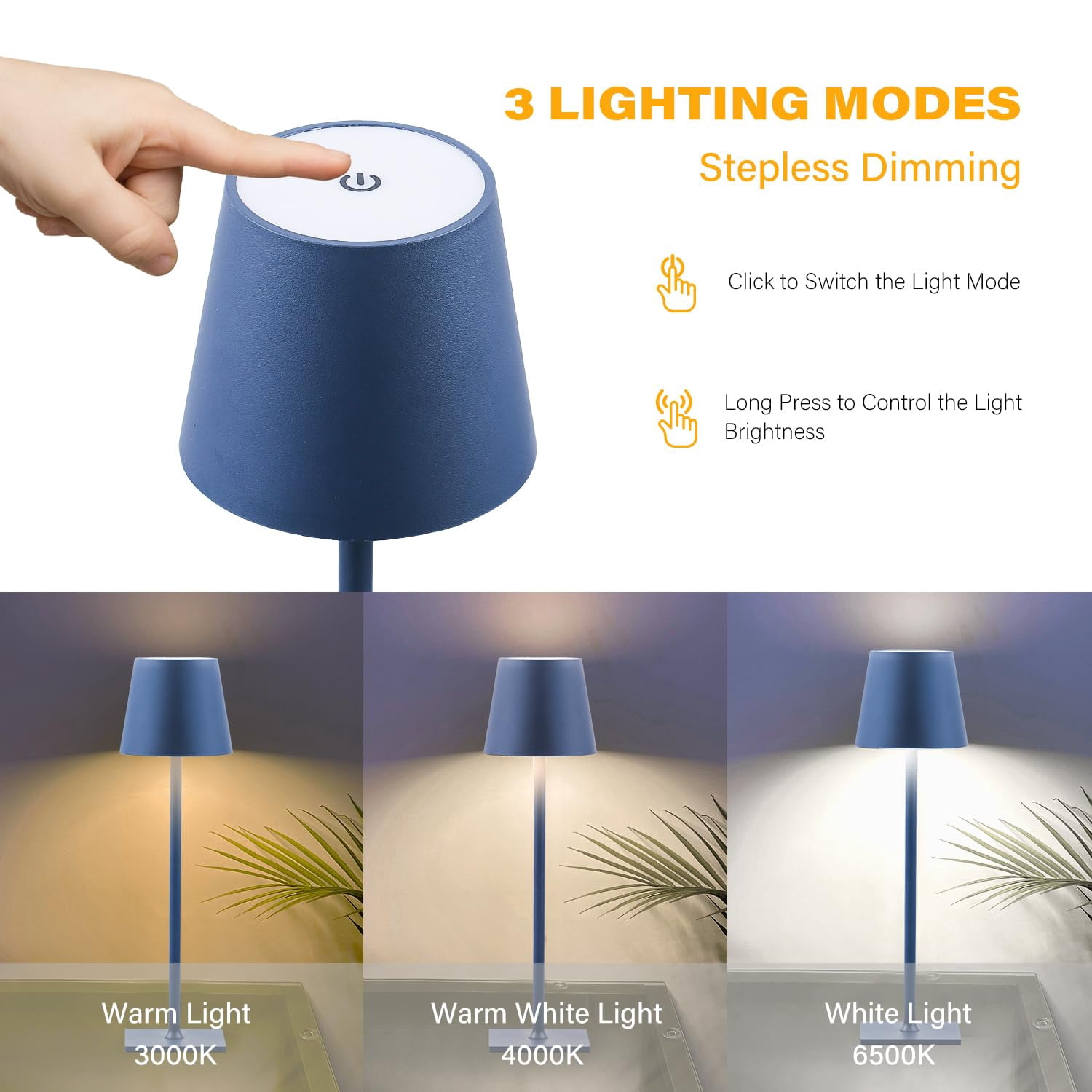 2 Pack Cordless Table Lamps  3 Colors Stepless Dimming 5000mah Rechargeable Led Desk Lamp For Bedroom/couple Dinner/desk/cafe/dining Room/terrace