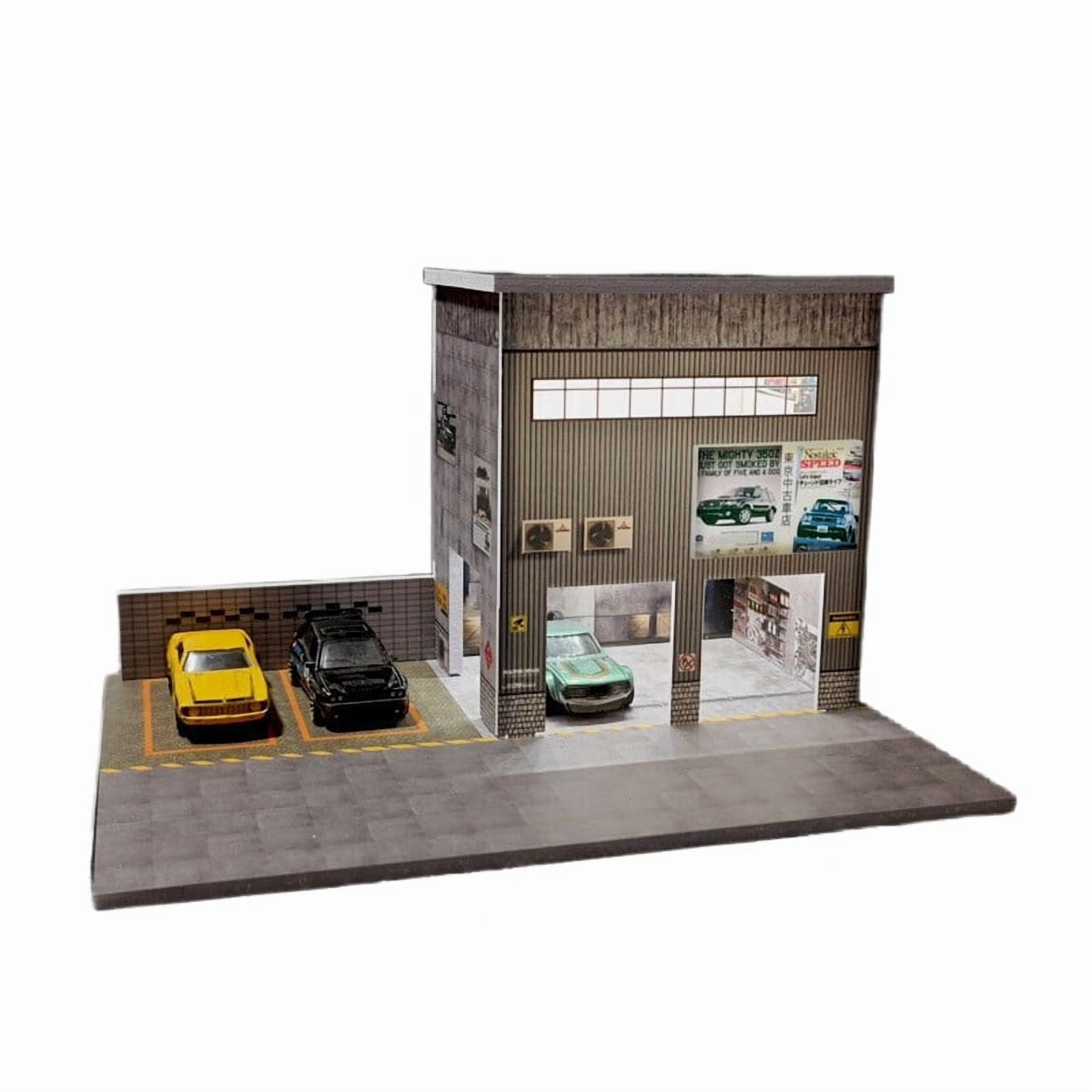 NUEIOVRW Diorama 1:64 Parking Lot Model, LED Lighting Diecast Car Garage Display Model, Car Showroom Scene Building Model Toy Gift, Car Models Display Case