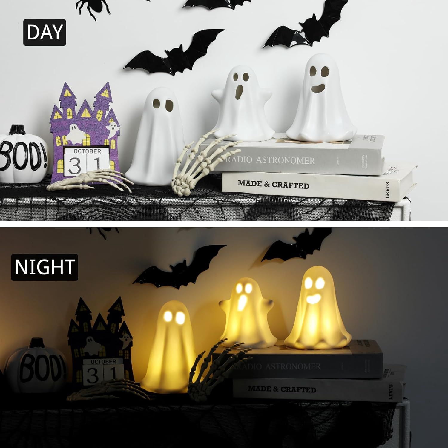 3 Pack Light Up Ceramic Ghost Figurines with Warm Glow for Halloween Decor