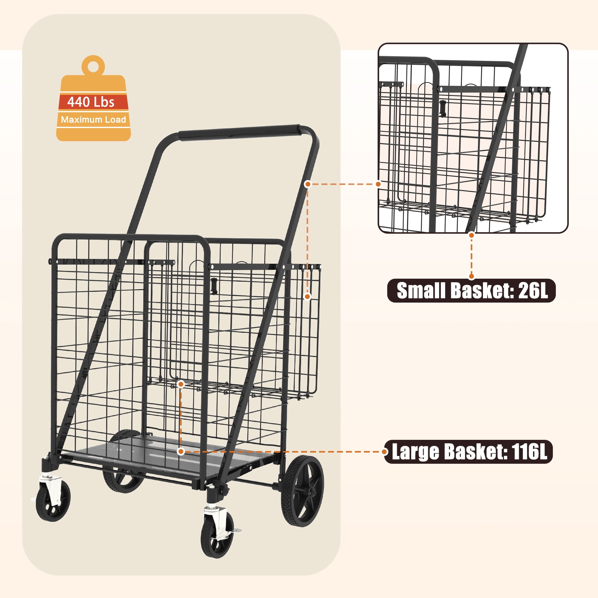 Yoneston Heavy Duty Shopping Cart with Side Basket, 440 LBS Capacity Folding Grocery Cart with Brake Wheels, Utility Cart for Laundry, Groceries, Travel, Black