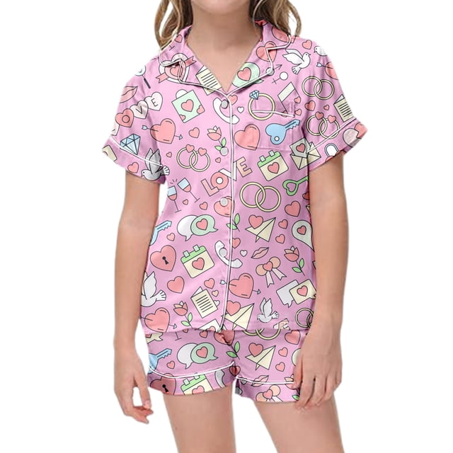 Stylish Girls Printed Short Sleeve Button Down Pajama and Shorts Playwear Set for Comfortable Bedtime