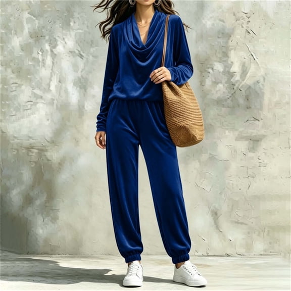 BRELIL Women's Two Piece Outfits Long Sleeve Pullover Tops Elastic Waisted Wide Leg Pants Casual Lounge Sets Solid Boho Vacation Travel Tracksuit Loungewear, Blue 2XL