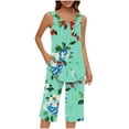 thumbnail image 2 of BiZtdJrK Womens 2 Piece Outfits Casual Sleeveless Tank Tops and Cropped Pants Lounge Set Trendy Print Pleated Crewneck Shirts Capris Sleepwear Suits Ofertas Flash Del Dia Mint Green M, 2 of 7