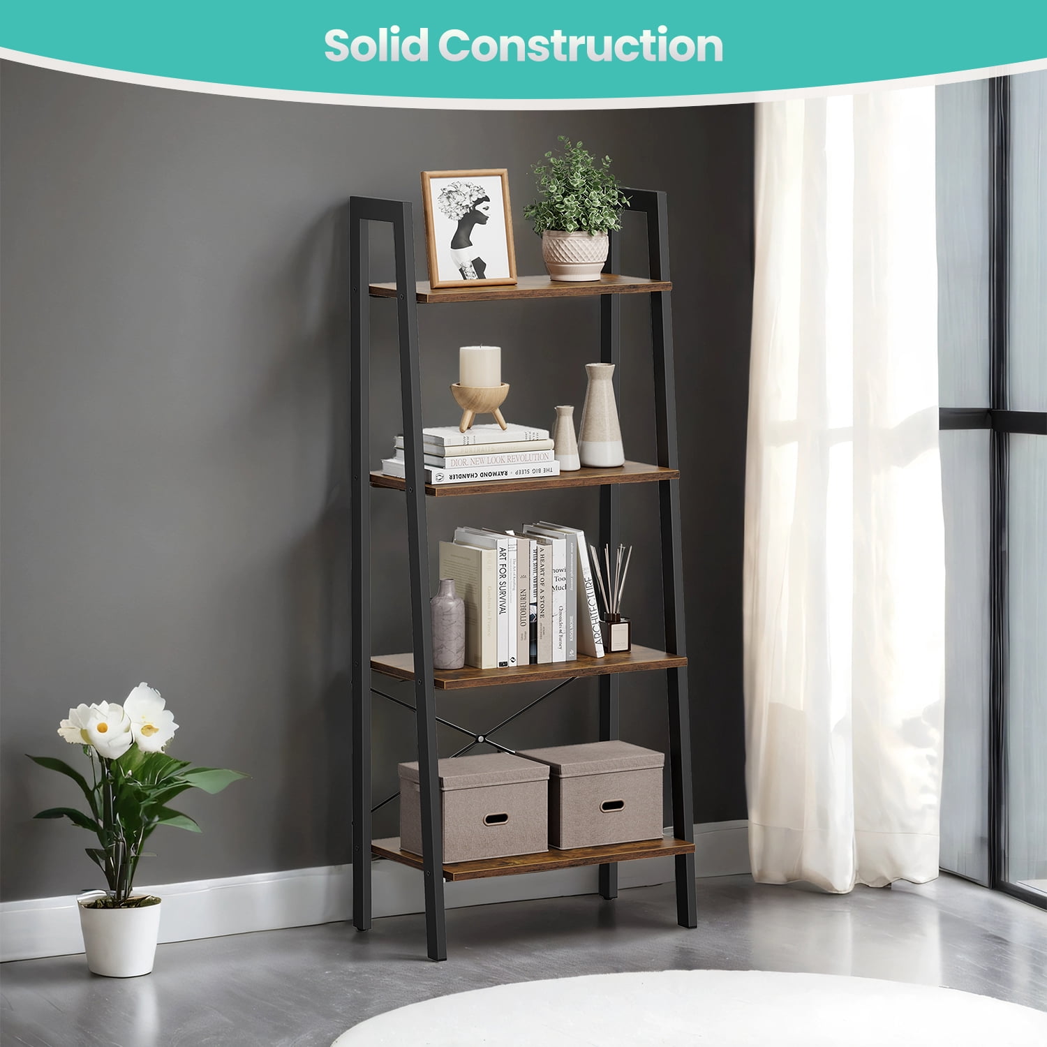 LEDREM 4-Tier Ladder Shelf Heavy Duty Storage Shelf with Steel Frame, Storage Rack Bookshelf for Home, Office, Rustic Brown and Black
