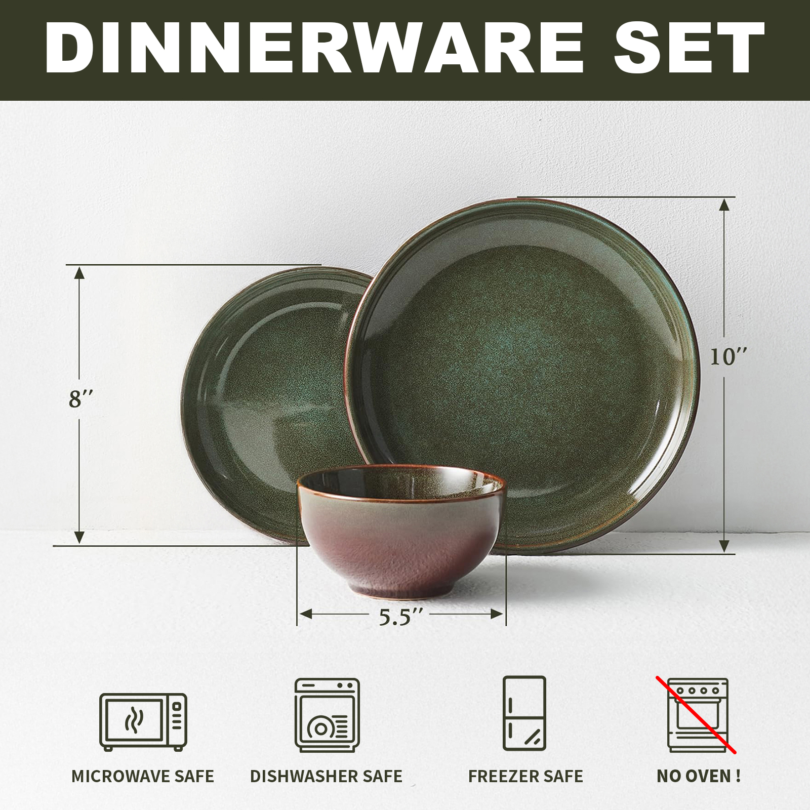 POKINI 12-Piece Stoneware Dinnerware Set, Brown Green photo 4