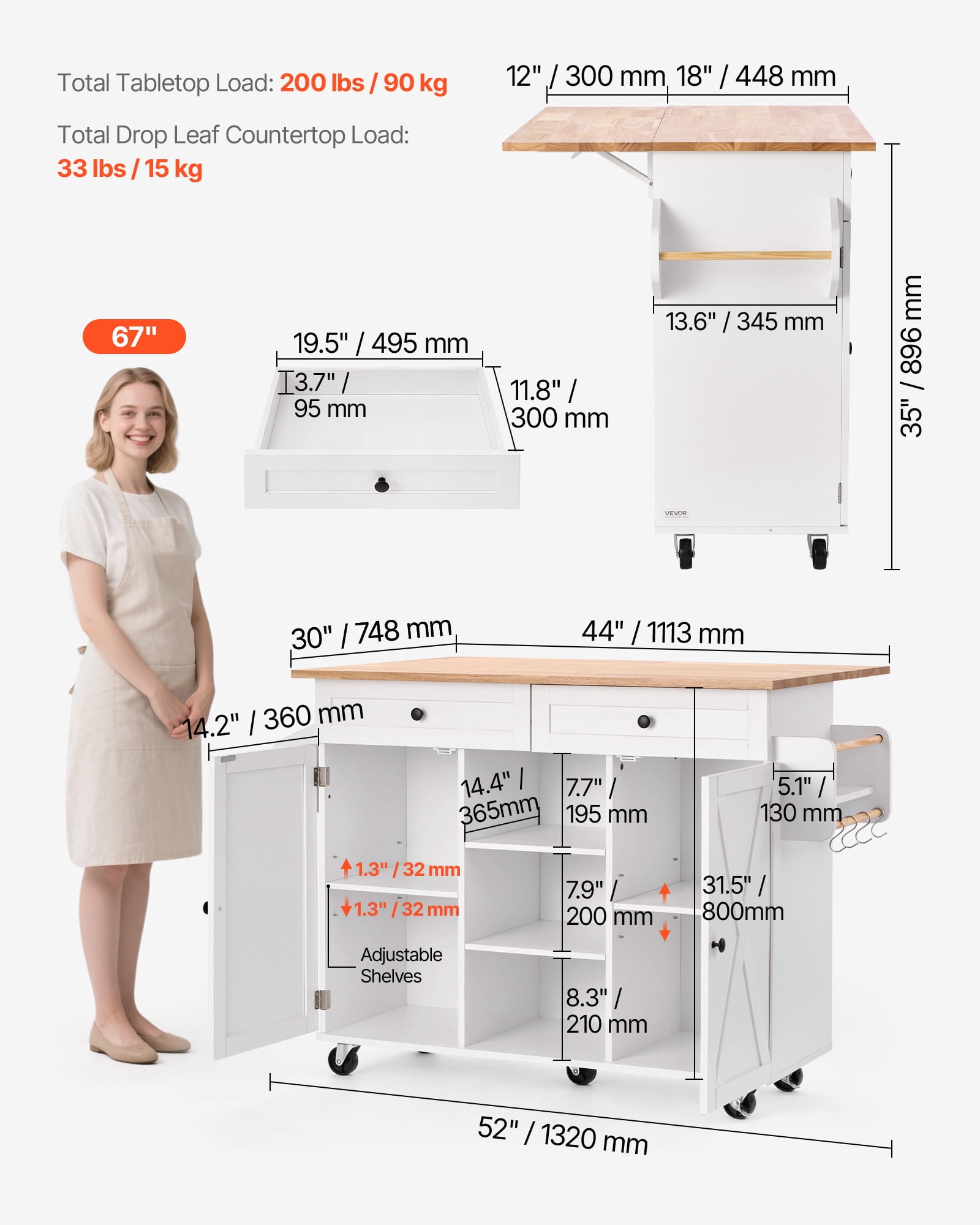 VEVOR Kitchen Island Cart, with Solid Wood Top and Storage Cabinet, Mobile Rolling Table with Drop Leaf,Drawers, Spice Towel Rack,Portable Islands on Swivel Wheels for Dining Room,52in Width,White