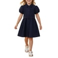 thumbnail image 4 of Girls School Uniform Shirt Dress, Puff Short Sleeve Lapel Collar A-Line Midi Dress with Matching Belt, Solid Color Preppy Outfit for Back to School Daily Outdoor Wear(Navy,7-8 Years), 4 of 4
