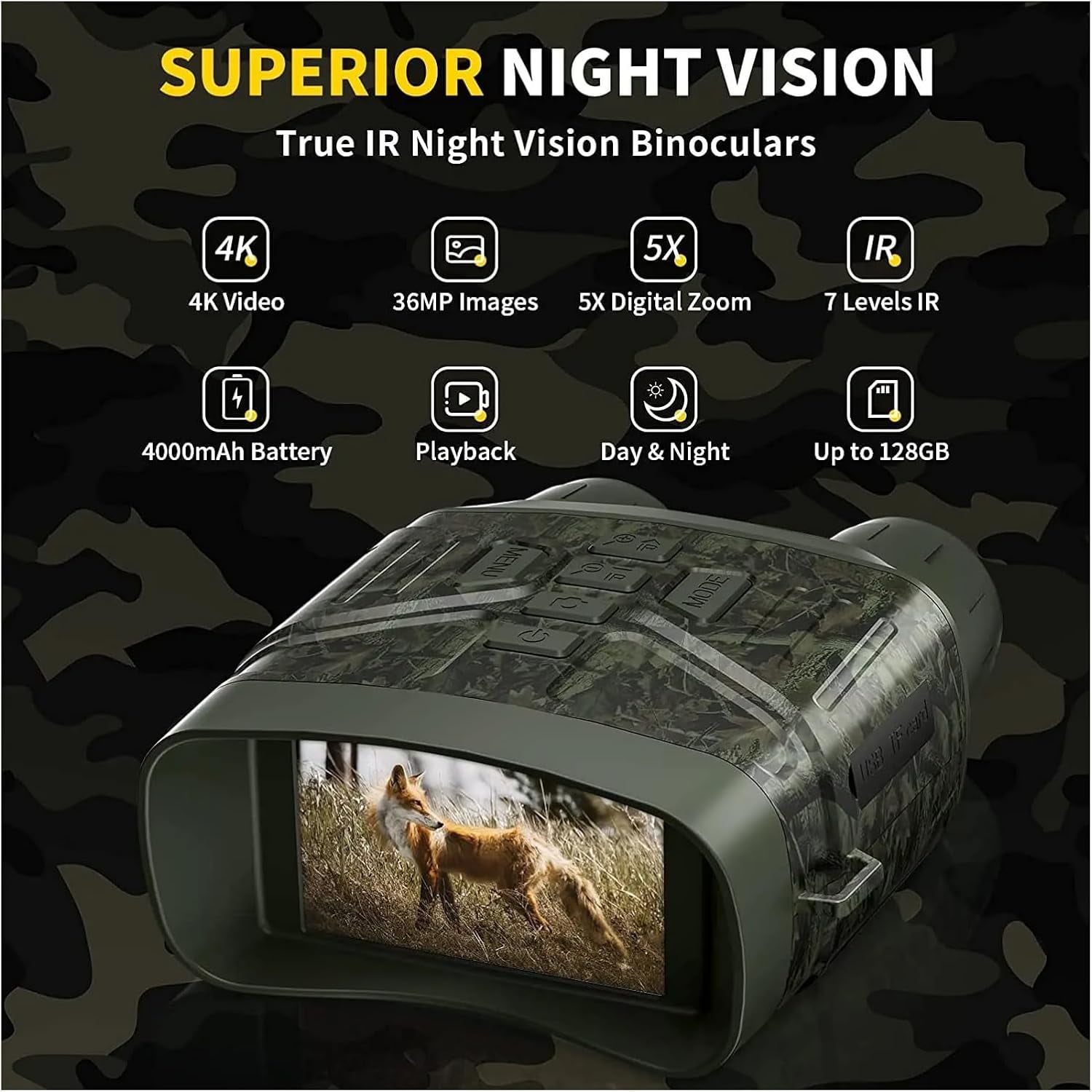 Night Vision Binoculars for Adults, 4K Night Vision Goggles Binoculars for Adults,3'' Large Screen,Save Photo/Video with Memory Card & Rechargeable Lithium Battery for Hunting & Camping (Camouflage 6