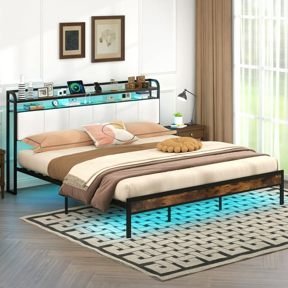 Gymax King Size Bed Frame w/LED Light & Charging Station Heavy Duty Metal Platform Bed