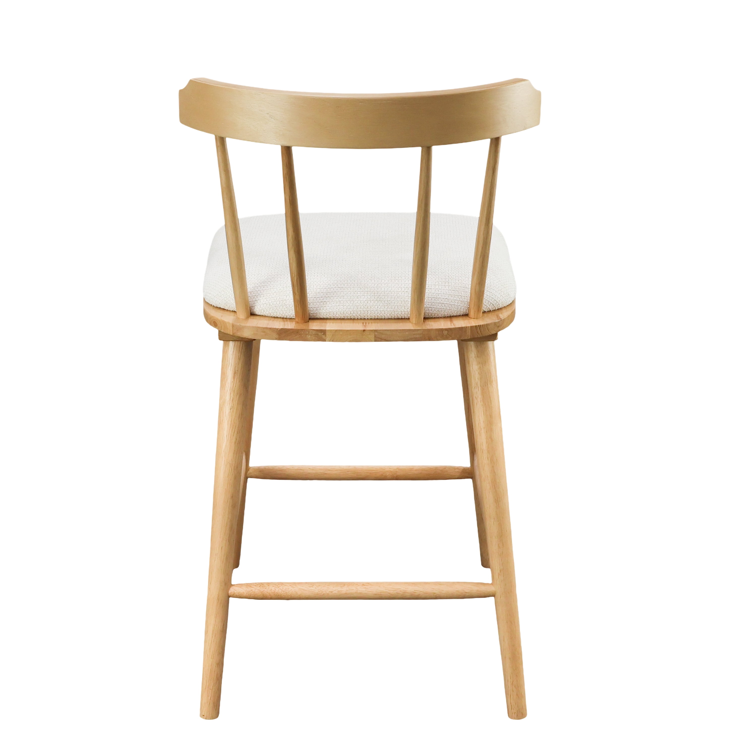 Indoor Wooden Upholstered Counter Stool, Natural Finish with Beige Upholstery, Windsor Style, Set of 2