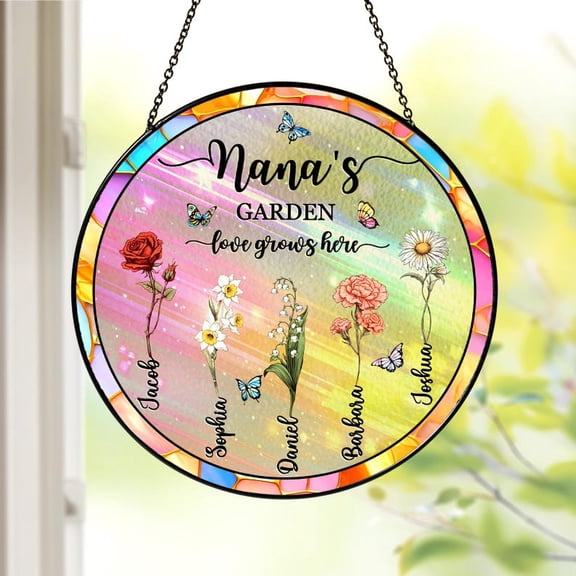 Grandma's Garden Suncatcher – Personalized Birth Flower Stained Glass Window Hanging, Mother’s Day Gift for Grandma & Nana Floral Keepsake