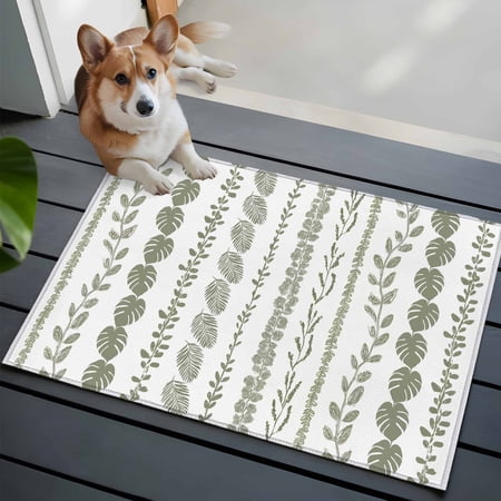 Sage Green Leaf Washable Entry Rug 2x3 Summer Botanical Vertical Stripes Low Pile Indoor Door Mat with Rubber Backing Thin Area Rug for for Entrance, Bedroom, Kitchen, Laundry, Bathroom