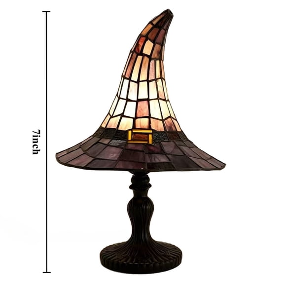 Tiffany Style Stained Glass Accent Table Lamp, Pointed Hat‑Shaped Lampshade, Vintage Carved Base, Plug‑in Decorative Desk Lamp for Home Study Bedroom Bookcase